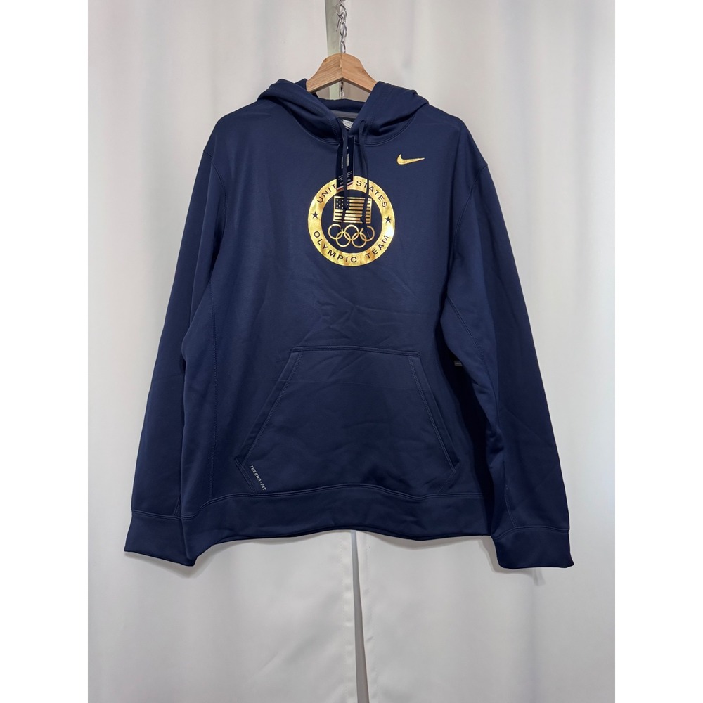 Nike Therma-FIT Mens XL Team USA Olympic Hoodie Navy Blue Gold Metallic Logo NWT